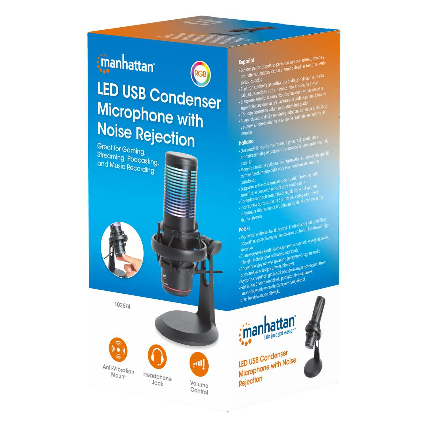 Micrófono Manhattan 102674 Usb Led Rgb Cancelación De Ruido Negro