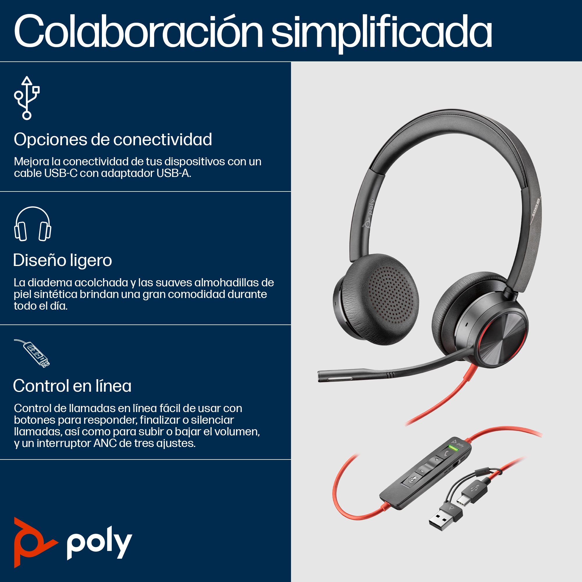 Audífonos Poly Blackwire 8225 Micrófono Con Cancelación De Ruido Alámbrico 2.2 Metros Usb-C 8X223Aa