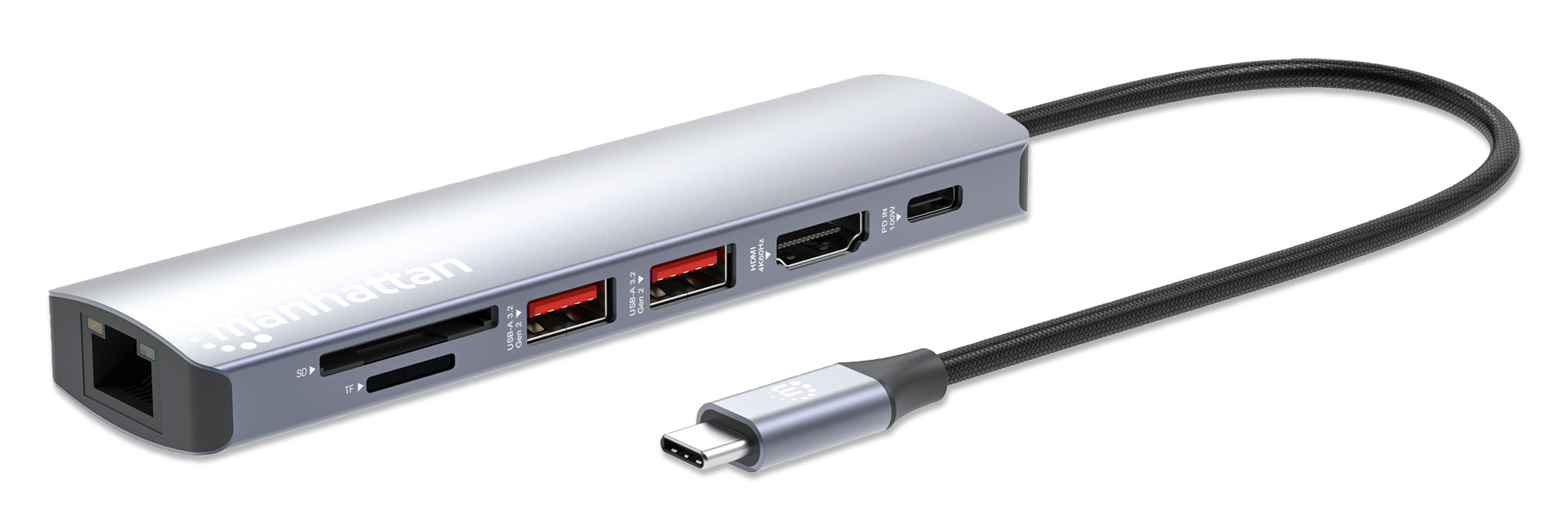 Hub Manhattan Usb-C Macho A 2X Usb-A 1X Usb-C 1X Hdmi 1X Rj-45 1X Sd 1X Micro Sd Gris 153966