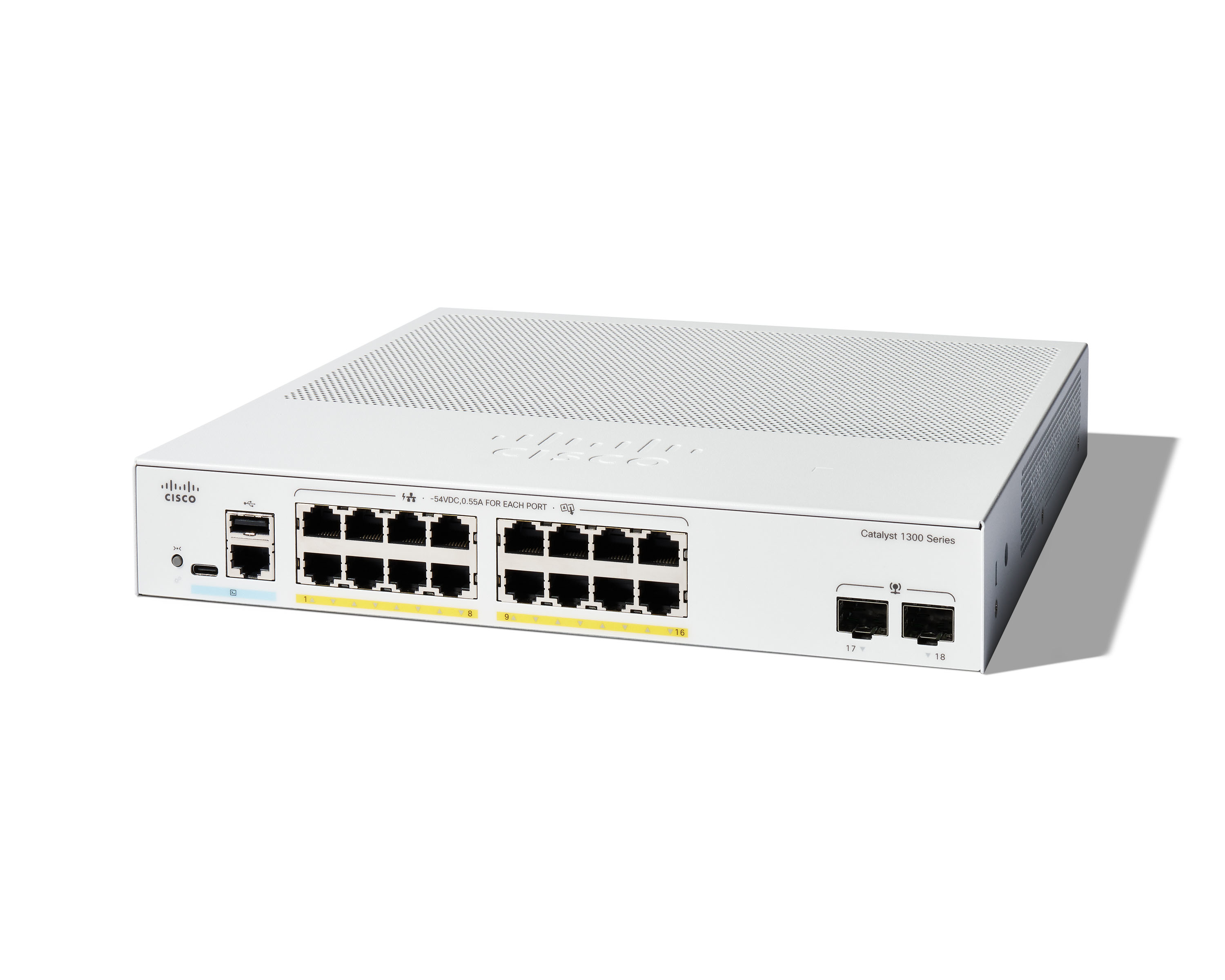Switch Cisco Catalyst 1300 16X Rj-45 2X Sfp 36Gbit/S 16000 Entradas Gestionable L2 L3 C1300-16P-2G