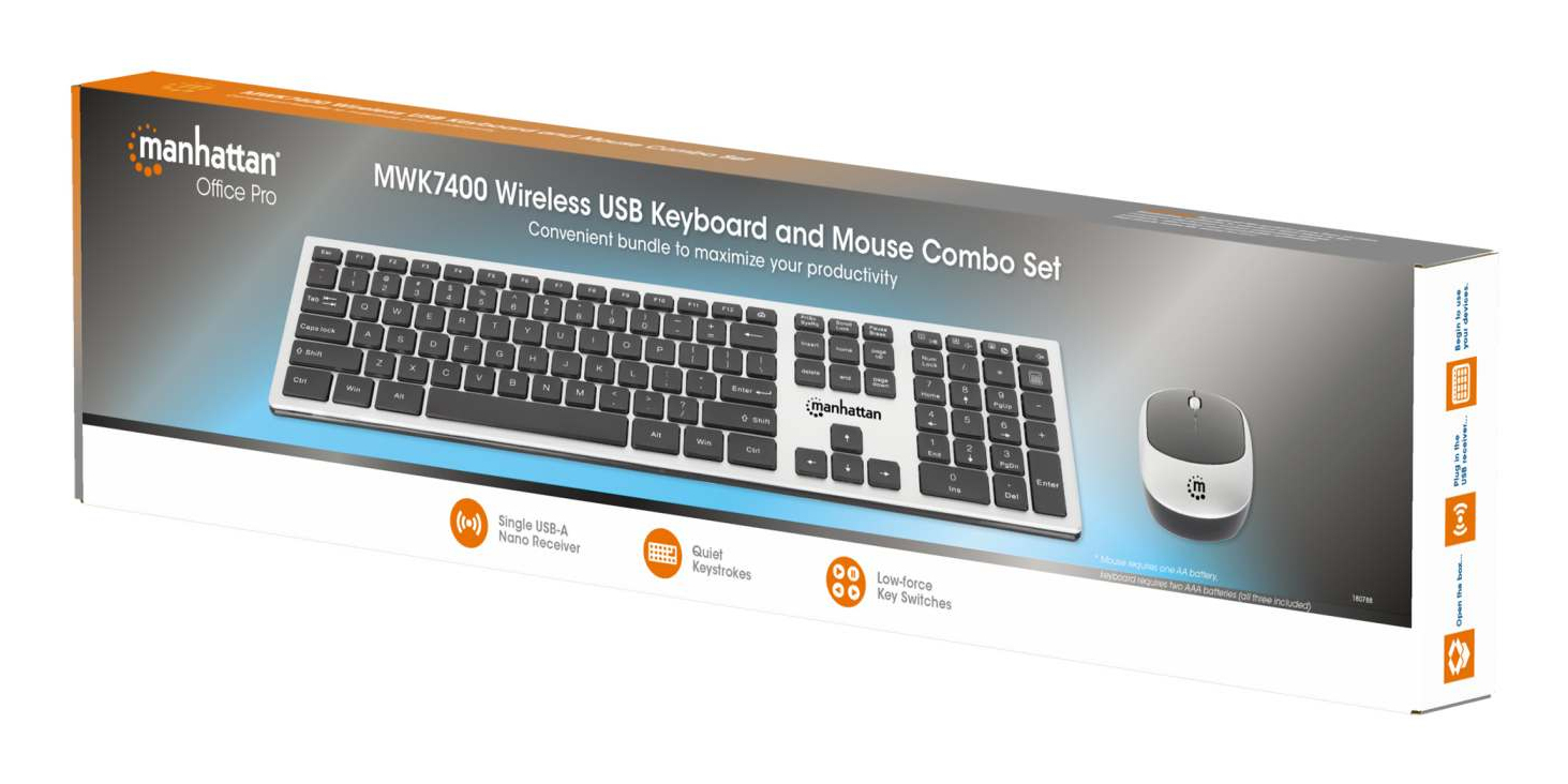 Kit Manhattan Teclado Y Mouse Óptico 1200Dpi 3 Botones Inalámbrico Rf Inglés Usb-A Negro Gris 180788