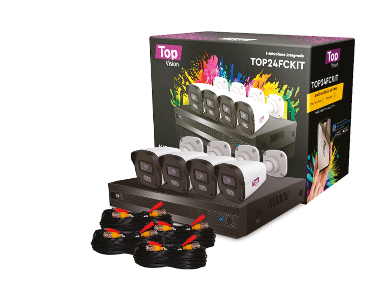 Kit Topvision 4X Cámaras Cctv Tipo Bala Full Color + Dvr 4 Canales Ip67 + Cables + Fuente Top24Fckit