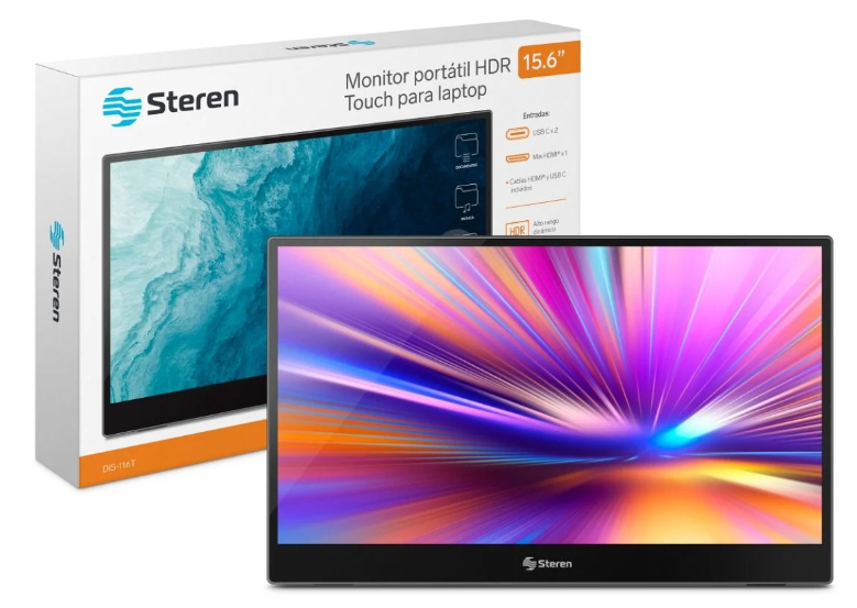Monitor Portátil Steren Dis-116T Lcd 15.6" Fhd Touch Hdmi 2X Udb-C Con Bocinas Negro