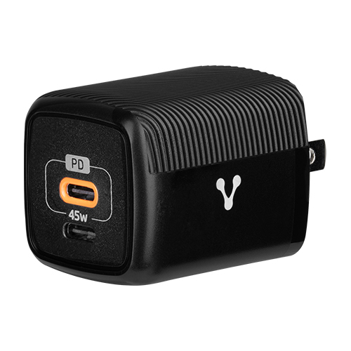 Cargador De Pared Usb C Vorago Au-402-Bk 45W Gan Pd 2 Puertos Carga Rápida Compacto Negro