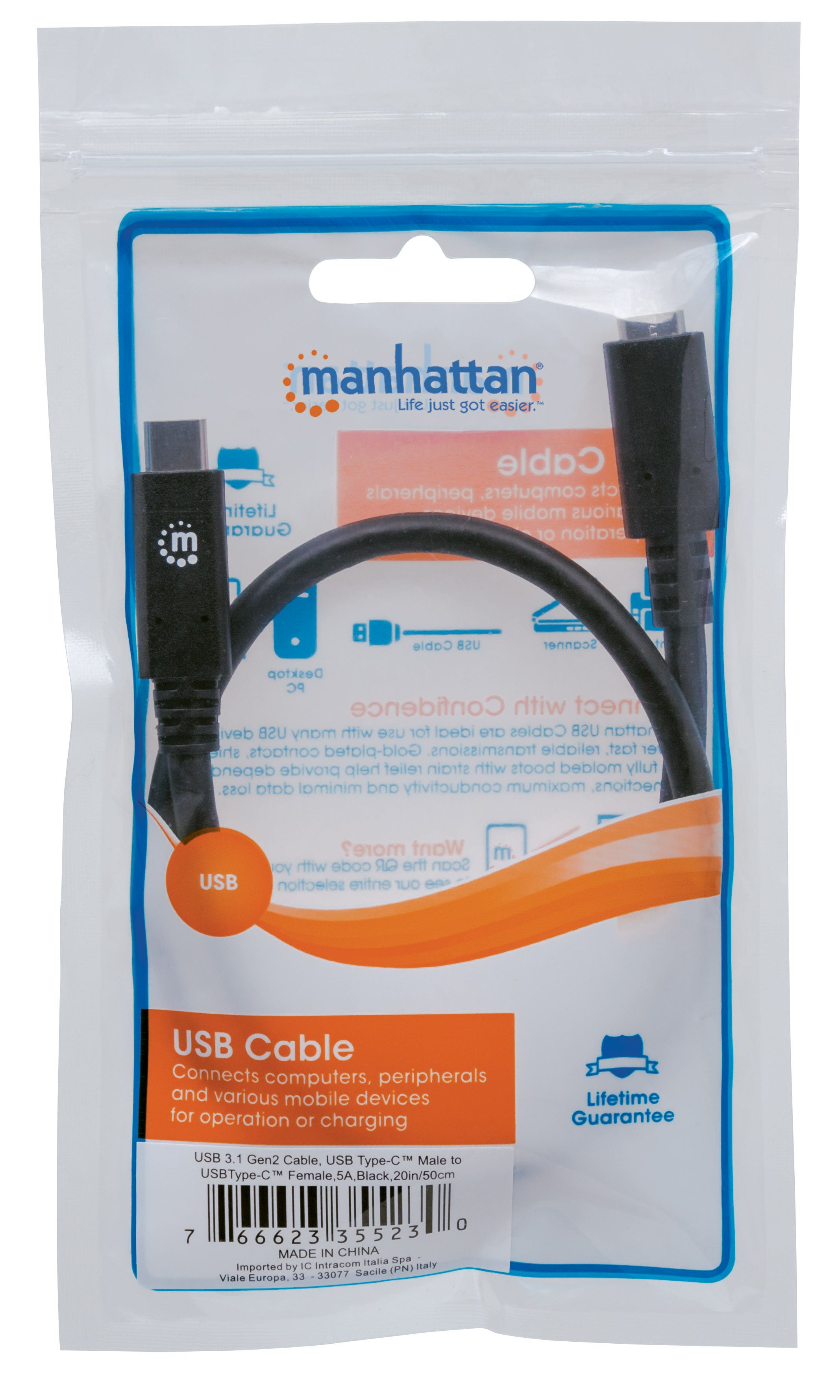 Cable Extension Usb Manhattan Tipo C Macho-Hembra 50Cm Negro 355230