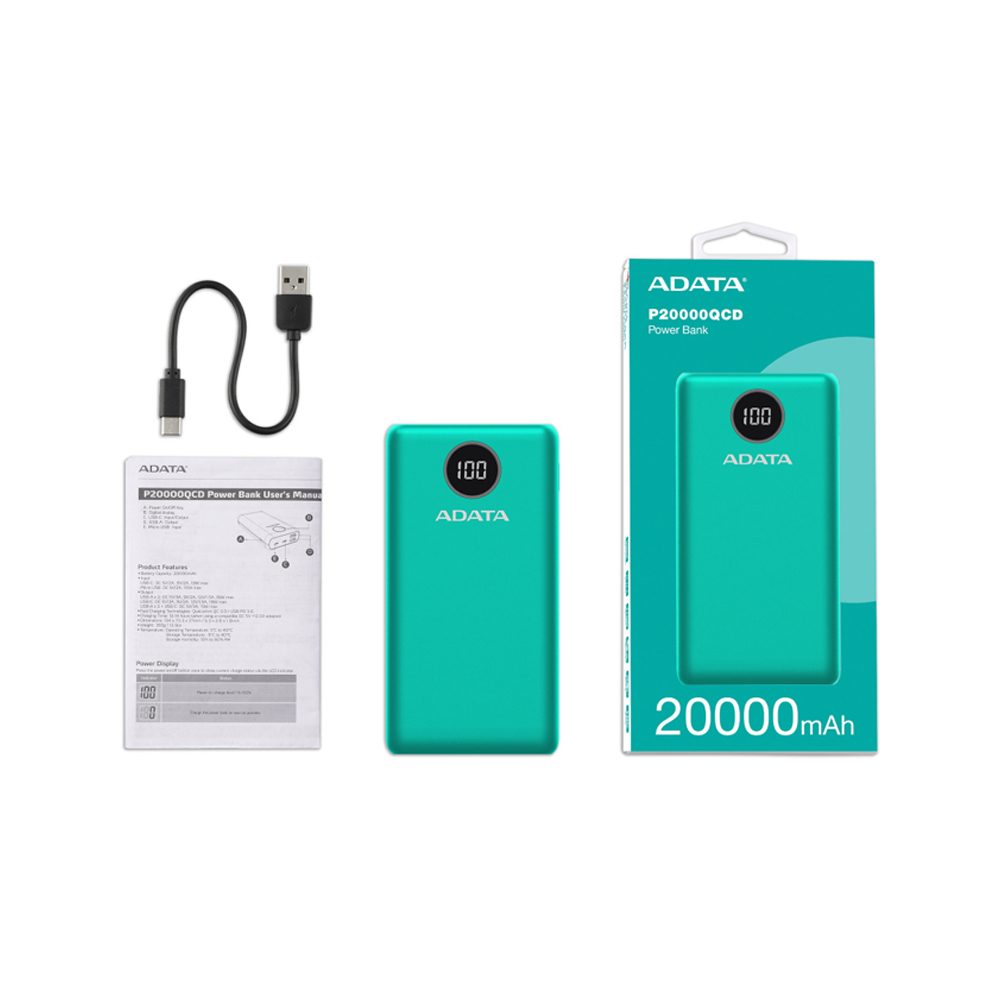 Power Bank Adata 20,000 Mah verde contenido