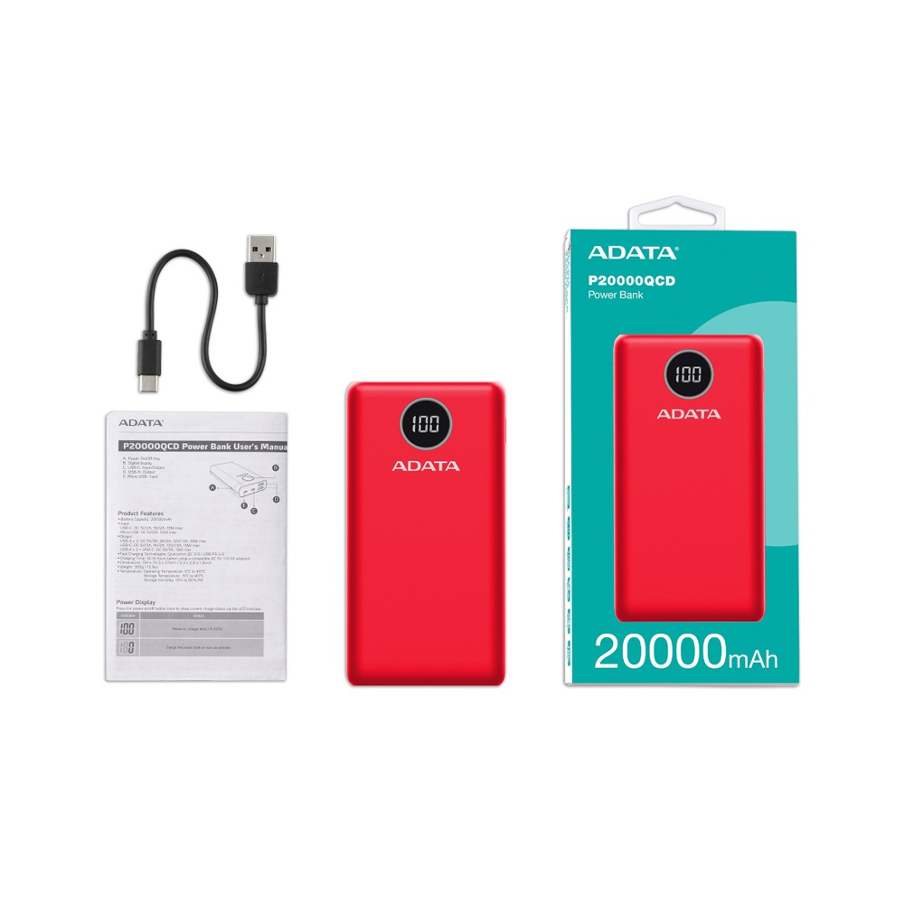 PowerBank Adata P20000Qcd rojo contenido