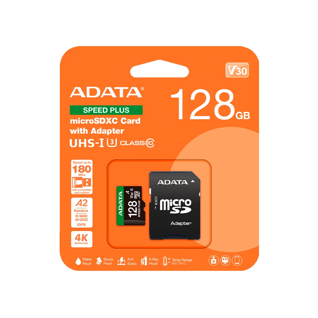 Memoria Micro Sd Adata Speed Plus 128Gb Lectura 180 Mb/S Class 10 Ud128Gui3V30A2Sp-Ra1