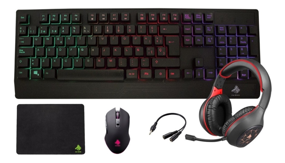 Kit Eagle Warrior Rhino Teclado Mouse Tapete Diadema Negro Rojo