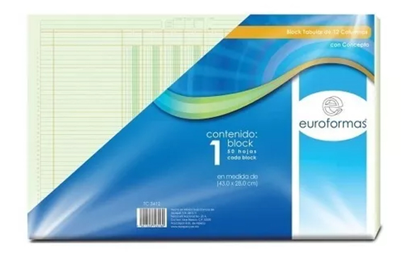 Block Euroformas 12 Columnas C/Concepto Doble Carta 50H