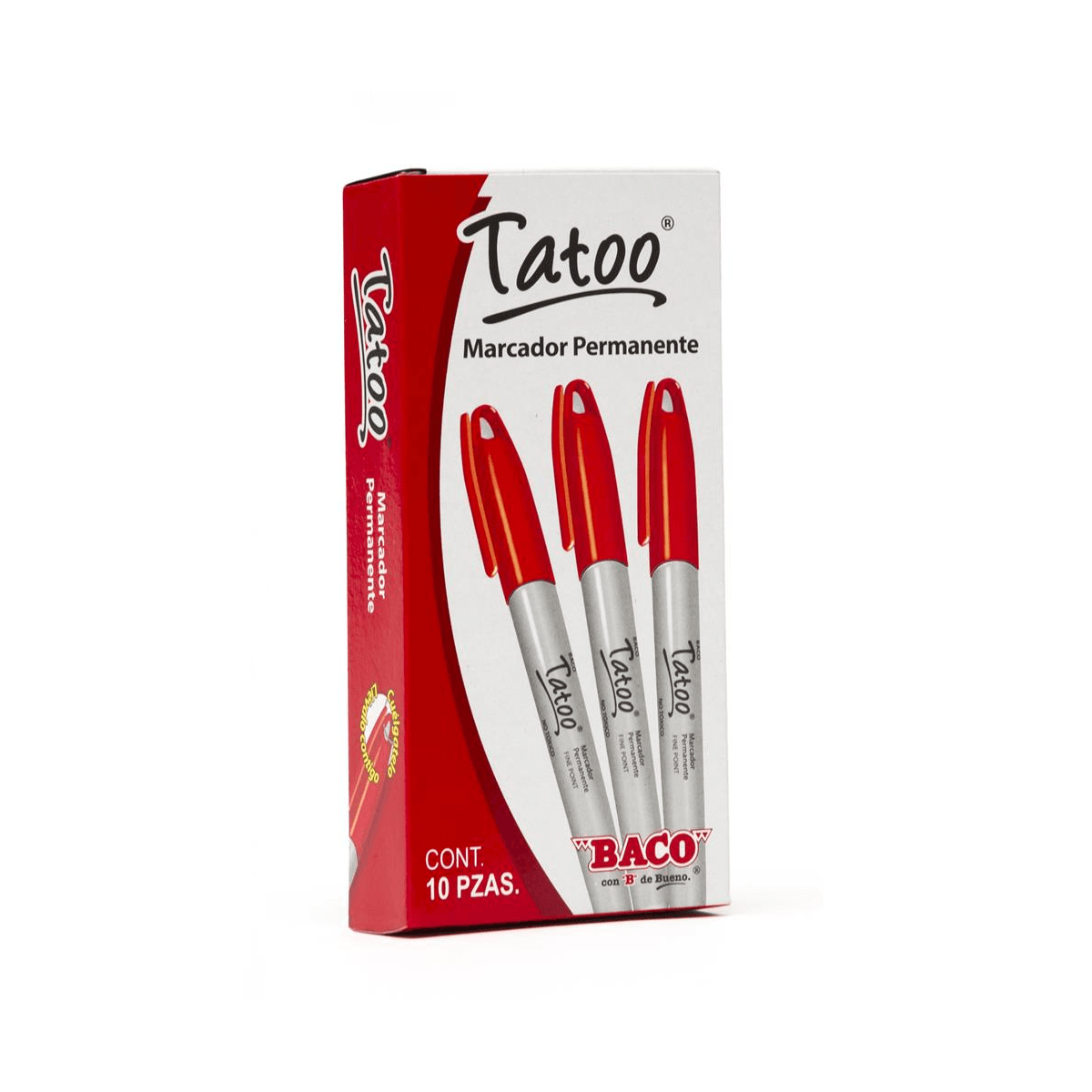 Marcador Baco Tatoo Permanente Punto Fino Color Rojo C/10 Pzas