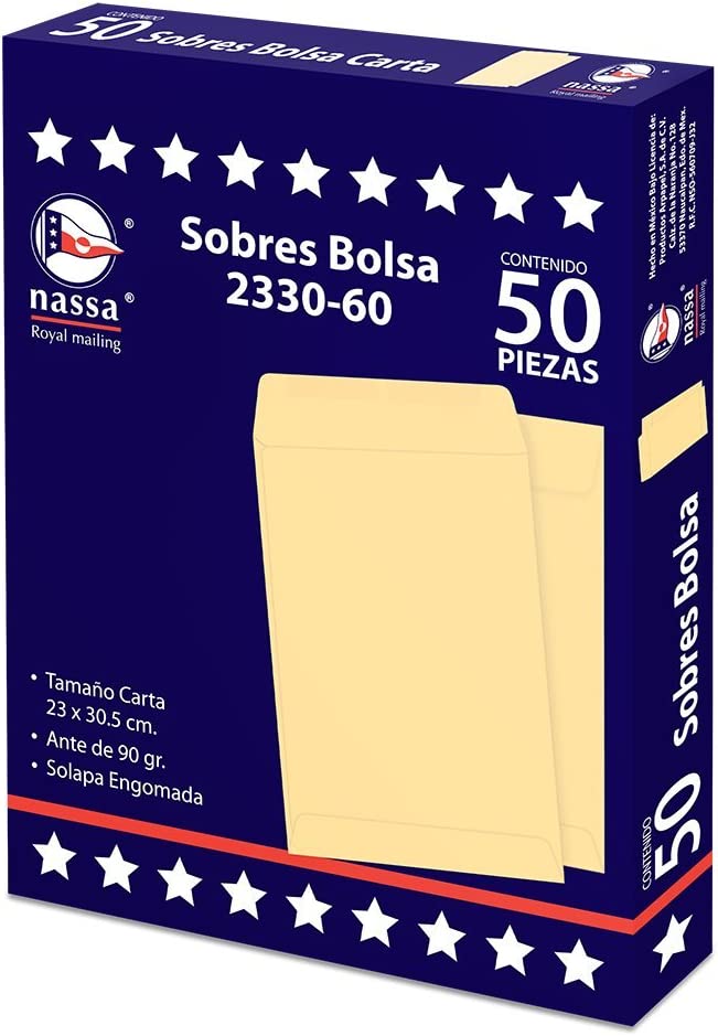 Sobre Bolsa Nassa Carta Ante 8Pqtes Paq C/50 23X30.5 Cms