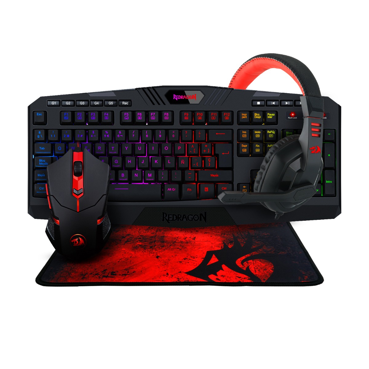 Kit Gamer Redragon Teclado Harpe + Mouse Centrophorus + Mousepad Archelon + Diadema Ares