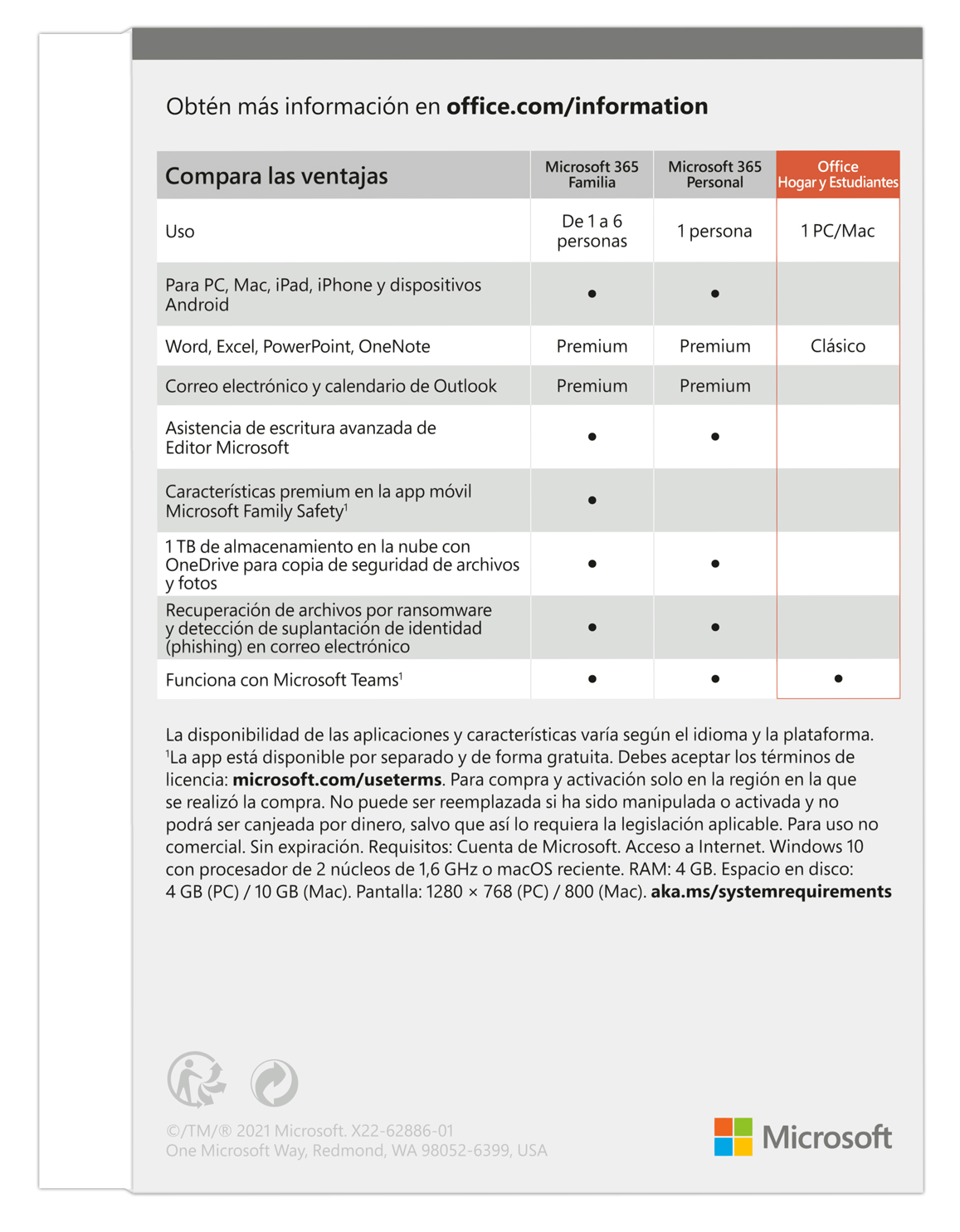 Microsoft Office Hogar Y Estudiantes 2021 Win/Mac  Esp Caja 79G-05430
