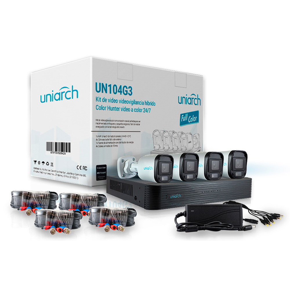 Kit De Vigilancia Uniarch Un104G3 4X Canales 4X Cámaras Cctv 4 Rollos Pre Ponchados Un104G3