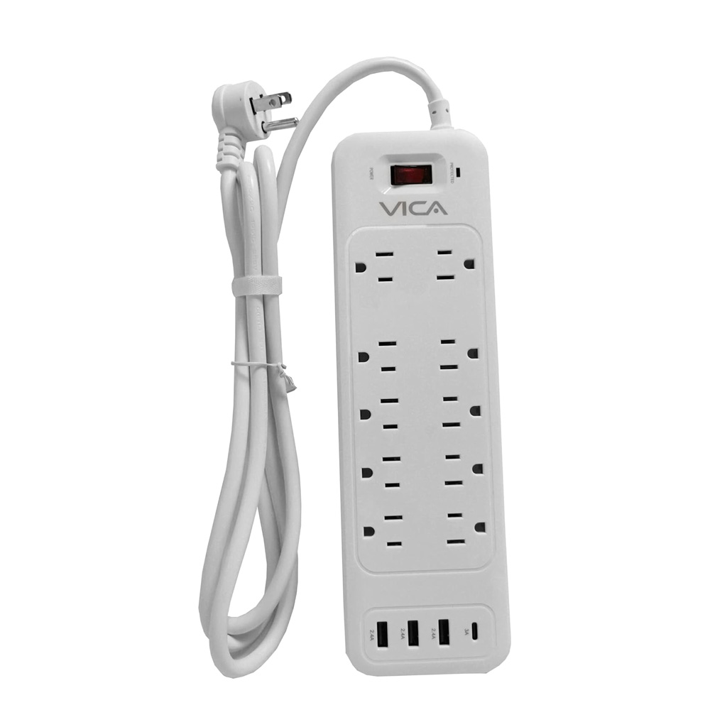 Barra Multicontacto 9P Vica 3X Usb-A 1X Usb-C 10X Nema 5-15R Blanco